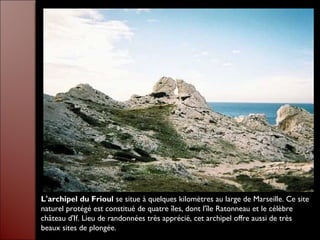 L'archipel du Frioul se situe à quelques kilomètres au large de Marseille. Ce site
naturel protégé est constitué de quatre îles, dont l'île Ratonneau et le célèbre
château d'If. Lieu de randonnées très apprécié, cet archipel offre aussi de très
beaux sites de plongée.
 