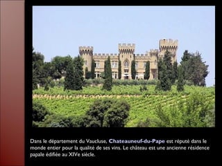 Dans le département du Vaucluse, Chateauneuf-du-Pape est réputé dans le
monde entier pour la qualité de ses vins. Le château est une ancienne résidence
papale édifiée au XIVe siècle.
 
