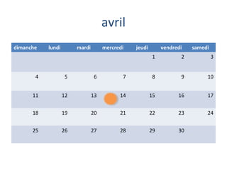 avril
dimanche

lundi

mardi

mercredi

jeudi

vendredi

samedi

1

2

3

4

5

6

7

8

9

10

11

12

13

14

15

16

17

18

19

20

21

22

23

24

25

26

27

28

29

30

 