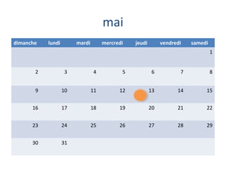 mai
dimanche

lundi

mardi

mercredi

jeudi

vendredi

samedi
1

2

3

4

5

6

7

8

9

10

11

12

13

14

15

16

17

18

19

20

21

22

23

24

25

26

27

28

29

30

31

 