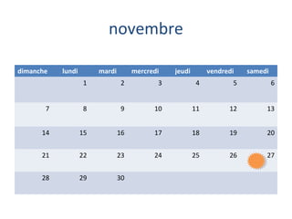 novembre
dimanche

lundi

mardi

mercredi

jeudi

vendredi

samedi

1

2

3

4

5

6

7

8

9

10

11

12

13

14

15

16

17

18

19

20

21

22

23

24

25

26

27

28

29

30

 
