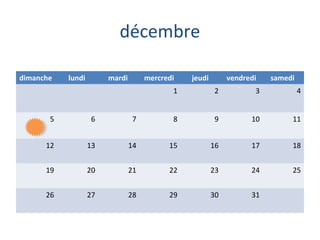 décembre
dimanche

lundi

mardi

mercredi

jeudi

vendredi

samedi

1

2

3

4

5

6

7

8

9

10

11

12

13

14

15

16

17

18

19

20

21

22

23

24

25

26

27

28

29

30

31

 