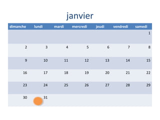 janvier
dimanche

lundi

mardi

mercredi

jeudi

vendredi

samedi
1

2

3

4

5

6

7

8

9

10

11

12

13

14

15

16

17

18

19

20

21

22

23

24

25

26

27

28

29

30

31

 