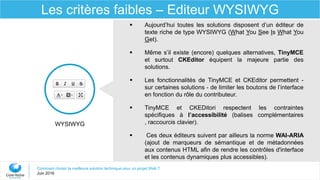 Comment choisir la meilleure solution technique pour un projet Web ?
Juin 2016
Les critères faibles – Editeur WYSIWYG
WYSIWYG
 Aujourd’hui toutes les solutions disposent d’un éditeur de
texte riche de type WYSIWYG (What You See Is What You
Get).
 Même s’il existe (encore) quelques alternatives, TinyMCE
et surtout CKEditor équipent la majeure partie des
solutions.
 Les fonctionnalités de TinyMCE et CKEditor permettent -
sur certaines solutions - de limiter les boutons de l’interface
en fonction du rôle du contributeur.
 TinyMCE et CKEDitori respectent les contraintes
spécifiques à l’accessibilité (balises complémentaires
, raccourcis clavier).
 Ces deux éditeurs suivent par ailleurs la norme WAI-ARIA
(ajout de marqueurs de sémantique et de métadonnées
aux contenus HTML afin de rendre les contrôles d'interface
et les contenus dynamiques plus accessibles).
 