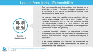 Comment choisir la meilleure solution technique pour un projet Web ?
Juin 2016
Les critères forts - Extensibilité
 Des communautés sont plus assidues que d’autres sur le
suivi des modules : Certaines solutions nécessitent du
« bidouillage » pour rendre compatible un module d’une
version mineure à une autre.
 La mise en place d’un module externe peut être plus ou
moins chronophage selon la solution choisie : Sur
certaines, l’installation d’un module peut se faire à distance
par simple copier / coller d’Url. Son utilisation peut être
immédiate (par surcharge) ou nécessiter du développement
(déclaration au sein des gabarits).
 Certaines solutions intègrent un mécanisme d’update
automatique qui permet de centraliser de l’ensemble des
mises à jour disponibles (noyau, comme modules) dès le
back-office.
 Il est même possible pour certains, de différencier les
mises à jour liées à des améliorations de celles qui
corrigent des bugs de sécurité
Facilité
d’extension ?
 