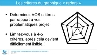  Déterminez VOS critères
par rapport à vos
problématiques projet
 Limitez-vous à 4-5
critères, après cela devient
difficilement lisible !
Comment choisir la meilleure solution technique pour un projet Web ?
Juin 2016
Les critères du graphique « radars »
 