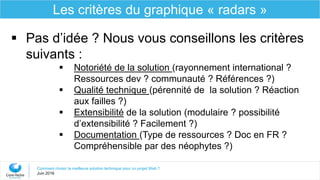  Pas d’idée ? Nous vous conseillons les critères
suivants :
 Notoriété de la solution (rayonnement international ?
Ressources dev ? communauté ? Références ?)
 Qualité technique (pérennité de la solution ? Réaction
aux failles ?)
 Extensibilité de la solution (modulaire ? possibilité
d’extensibilité ? Facilement ?)
 Documentation (Type de ressources ? Doc en FR ?
Compréhensible par des néophytes ?)
Comment choisir la meilleure solution technique pour un projet Web ?
Juin 2016
Les critères du graphique « radars »
 