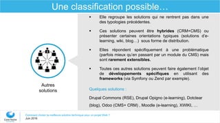 Comment choisir la meilleure solution technique pour un projet Web ?
Juin 2016
Une classification possible…
Autres
solutions
 Elle regroupe les solutions qui ne rentrent pas dans une
des typologies précédentes.
 Ces solutions peuvent être hybrides (CRM+CMS) ou
présenter certaines orientations typiques (solutions d’e-
learning, wiki, blog…) sous forme de distribution.
 Elles répondent spécifiquement à une problématique
(parfois mieux qu’en passant par un module du CMS) mais
sont rarement extensibles.
 Toutes ces autres solutions peuvent faire également l’objet
de développements spécifiques en utilisant des
frameworks (via Symfony ou Zend par exemple).
Quelques solutions :
Drupal Commons (RSE), Drupal Opigno (e-learning), Dotclear
(blog), Odoo (CMS+ CRM) , Moodle (e-learning), XWIKI, …
 