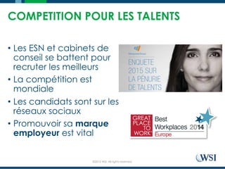 ©2015 WSI. All rights reserved.
COMPETITION POUR LES TALENTS
•  Les ESN et cabinets de
conseil se battent pour
recruter les meilleurs
•  La compétition est
mondiale
•  Les candidats sont sur les
réseaux sociaux
•  Promouvoir sa marque
employeur est vital
 