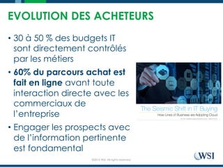 ©2015 WSI. All rights reserved.
EVOLUTION DES ACHETEURS
•  30 à 50 % des budgets IT
sont directement contrôlés
par les métiers
•  60% du parcours achat est
fait en ligne avant toute
interaction directe avec les
commerciaux de
l’entreprise
•  Engager les prospects avec
de l’information pertinente
est fondamental
 