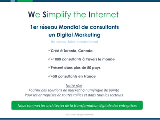 ©2015 WSI. All rights reserved.
We Simplify the Internet
1er réseau Mondial de consultants
en Digital Marketing
Un savoir-faire international
ü Créé à Toronto, Canada
ü +1000 consultants à travers le monde
ü Présent dans plus de 80 pays
ü +50 consultants en France
Notre	
  rôle	
  
Fournir	
  des	
  solu/ons	
  de	
  marke/ng	
  numérique	
  de	
  pointe	
  
Pour	
  les	
  entreprises	
  de	
  toutes	
  tailles	
  et	
  dans	
  tous	
  les	
  secteurs	
  
Nous	
  sommes	
  les	
  architectes	
  de	
  la	
  transforma/on	
  digitale	
  des	
  entreprises	
  
 