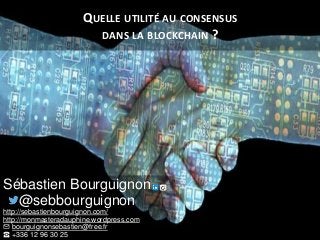 QUELLE UTILITÉ AU CONSENSUS
DANS LA BLOCKCHAIN ?
Sébastien Bourguignon
@sebbourguignon
http://sebastienbourguignon.com/
http://monmasteradauphine.wordpress.com
✉ bourguignonsebastien@free.fr
☎ +336 12 96 30 25
 