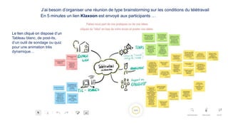J’ai besoin d’organiser une réunion de type brainstorming sur les conditions du télétravail
En 5 minutes un lien Klaxoon est envoyé aux participants …
Le lien cliqué on dispose d’un
Tableau blanc, de post-its,
d’un outil de sondage ou quiz
pour une animation très
dynamique…
 