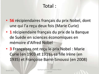 Total :

• 56 récipiendaires français du prix Nobel, dont
  une qui l'a reçu deux fois (Marie Curie)
• 1 récipiendaire français du prix de la Banque
  de Suède en sciences économiques en
  mémoire d'Alfred Nobel
• 3 Françaises ont reçu le prix Nobel : Marie
  Curie (en 1903 et 1911), sa fille Irène (en
  1935) et Françoise Barré-Sinoussi (en 2008)

                 Quelques grandes inventions-Maria
09-04-2013
                             Campos
 