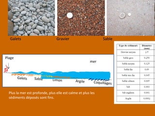 Galets
Galets Gravier Sable
Sable
Argile Coquillages
Plage
Limon
Plus la mer est profonde, plus elle est calme et plus les
sédiments déposés sont fins.
mer
 