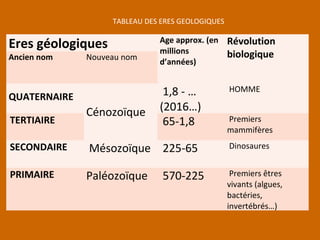 Eres géologiques Age approx. (en
millions
d’années)
Révolution
biologiqueAncien nom Nouveau nom
QUATERNAIRE
Cénozoïque
1,8 - …
(2016…)
HOMME
TERTIAIRE 65-1,8 Premiers
mammifères
SECONDAIRE Mésozoïque 225-65 Dinosaures
PRIMAIRE Paléozoïque 570-225 Premiers êtres
vivants (algues,
bactéries,
invertébrés…)
TABLEAU DES ERES GEOLOGIQUES
 