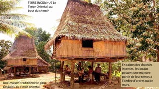 TERRE INCONNUE Le
Timor Oriental, au
bout du chemin
En raison des chaleurs
intenses, les locaux
passent une majeure
partie de leur temps à
l'ombre d'arbres ou de
murs.
Une-maison-traditionnelle-dans-
Lospalos-au-Timor-oriental-
 