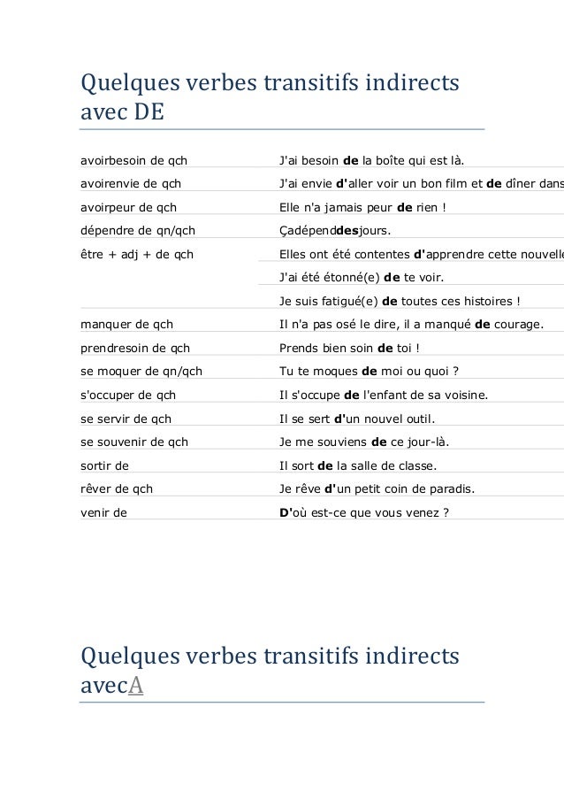 Quelques verbes transitifs directs et indirects