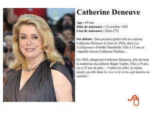 Catherine Deneuve
Age : 69 ans
Date de naissance : 22 octobre 1943
Lieu de naissance : Paris (75)

Ses débuts : Son premier (petit) rôle au cinéma,
Catherine Deneuve le tient en 1956, dans Les
Collégiennes d'André Hunebelle. Elle a 13 ans et
s'appelle encore Catherine Dorléac...

En 1962, rebaptisée Catherine Deneuve, elle devient
la maîtresse du cinéaste Roger Vadim. Elle a 19 ans,
lui a 15 ans de plus… Vadim lui offre, la même
année, un rôle dans Le vice et la vertu, qui lancera sa
carrière. .




                                      
 