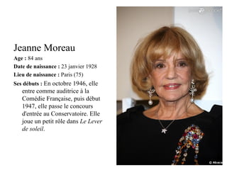 Jeanne Moreau
Age : 84 ans
Date de naissance : 23 janvier 1928
Lieu de naissance : Paris (75)
Ses débuts : En octobre 1946, elle
   entre comme auditrice à la
   Comédie Française, puis début
   1947, elle passe le concours
   d'entrée au Conservatoire. Elle
   joue un petit rôle dans Le Lever
   de soleil.
 