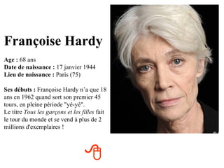 Françoise Hardy
Age : 68 ans
Date de naissance : 17 janvier 1944
Lieu de naissance : Paris (75)

Ses débuts : Françoise Hardy n’a que 18
ans en 1962 quand sort son premier 45
tours, en pleine période "yé-yé".
Le titre Tous les garçons et les filles fait
le tour du monde et se vend à plus de 2
millions d'exemplaires !



                                  
 