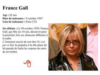 France Gall
Age : 65 ans
Date de naissance : 9 octobre 1947
Lieu de naissance : Paris (75)

Ses débuts : Le 30 octobre 1959, France
Gall, qui fête ses 16 ans, découvre pour
la première fois ses chansons diffusées à
la radio.
L’immense succès de son titre Ne sois
pas si bête la propulse à la 44e place du
hit-parade de Salut les copains du mois
de novembre.




                  
 
