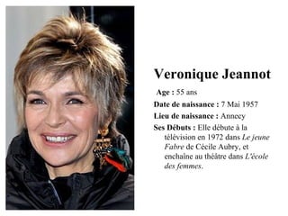 Veronique Jeannot
Age : 55 ans
Date de naissance : 7 Mai 1957
Lieu de naissance : Annecy
Ses Débuts : Elle débute à la
   télévision en 1972 dans Le jeune
   Fabre de Cécile Aubry, et
   enchaîne au théâtre dans L'école
   des femmes.
 