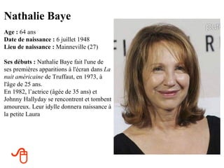 Nathalie Baye
Age : 64 ans
Date de naissance : 6 juillet 1948
Lieu de naissance : Mainneville (27)

Ses débuts : Nathalie Baye fait l'une de
ses premières apparitions à l'écran dans La
nuit américaine de Truffaut, en 1973, à
l'âge de 25 ans.
En 1982, l’actrice (âgée de 35 ans) et
Johnny Hallyday se rencontrent et tombent
amoureux. Leur idylle donnera naissance à
la petite Laura




  
 