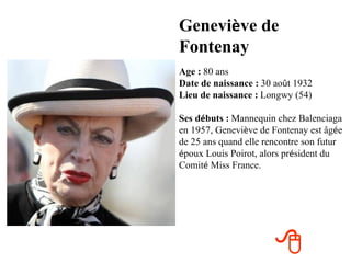 Geneviève de
Fontenay
Age : 80 ans
Date de naissance : 30 août 1932
Lieu de naissance : Longwy (54)

Ses débuts : Mannequin chez Balenciaga
en 1957, Geneviève de Fontenay est âgée
de 25 ans quand elle rencontre son futur
époux Louis Poirot, alors président du
Comité Miss France.




                       
 