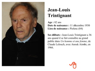 Jean-Louis
Trintignant
Age : 82 ans
Date de naissance : 11 décembre 1930
Lieu de naissance : Piolenc (84)

Ses débuts : Jean-Louis Trintignant a 36
ans quand il se fait connaître au grand
public dans Un homme et une femme, de
Claude Lelouch, avec Anouk Aimée, en
1966.




                   
 