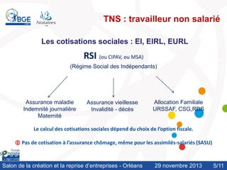 TNS : travailleur non salarié
Les cotisations sociales : EI, EIRL, EURL

RSI (ou CIPAV, ou MSA)
(Régime Social des Indépendants)

Assurance maladie
Indemnité journalière
Maternité

Assurance vieillesse
Invalidité - décès

Allocation Familiale
URSSAF, CSG,RDS

Le calcul des cotisations sociales dépend du choix de l’option fiscale.
 Pas de cotisation à l’assurance chômage, même pour les assimilés-salariés (SASU)

Salon de la création et la reprise d’entreprises - Orléans

29 novembre 2013

5/11
/10

 