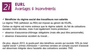 ü Bénéficier du régime social des travailleurs non salariés
Le régime TNS (adhésion au RSI) est imposé au gérant de l’EURL...
