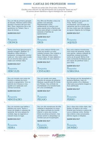 Sou um titã da primeira geração
de deuses. Reinava sobre todos
deuses e homens até que meu
filho, Zeus, destronou-me e me
aprisionou no Tártaro. Sou o
deus do tempo.
QUEM SOU EU?
Resposta
CRONOS
Sou filho de Afrodite e deus da
paixão e da sedução.
Representado como
adolescente ou menino com
asas usando arco e flecha que
lanço para atingir o coração das
pessoas e fazê-las se
apaixonarem.
QUEM SOU EU?
Resposta
EROS
Sou herói grego da guerra de
Troia. Tenho o corpo
invulnerável, com exceção do
calcanhar que foi a única parte
do meu corpo que não recebeu
as águas mágicas do rio Estige.
QUEM SOU EU?
Resposta
AQUILES
Tenho uma força descomunal e
grande coragem. Realizei 12
trabalhos, todos difíceis e
perigosos, conseguindo concluir
cada um. Uso como capa a pele
de um enorme leão que eu
matei com minhas mãos.
QUEM SOU EU?
Resposta
HÉRCULES
Sou uma criatura híbrida com
corpo de cavalo e a outra
metade humana. Sou violento e
feroz. Hércules lutou contra
meus irmãos. O mais célebre e
o mais sábio de nós é Quíron.
QUEM SOU EU?
Resposta
CENTAURO
Sou uma criatura monstruosa,
com corpo de serpente, braços
com garras, cabeça rodeada de
serpentes, presas pontudas
como as do javali. Minha irmã
mais conhecida foi Medusa que
era capaz de petrificar tudo o
que visse.
QUEM SOU EU?
Resposta
GÓRGONA
Sou um monsto com corpo de
homem e cabeça de touro,
violento e sanguinário. Vivo no
labirinto de Cnossos e meu
apetite só é aplacado com
vítimas humanas.
QUEM SOU EU?
Resposta
MINOTAURO
Sou um cavalo com asas,
nascido do sangue da górgona
Medusa, quando esta foi morta
por Perseu. Sou símbolo da
imortalidade e fui transformado
em uma constelação.
QUEM SOU EU?
Resposta
PÉGASO
Sou famoso por ter decapitado a
górgona Medusa. Usei um
escudo polido e fiz a Medusa
olhar para sua própria imagem e
ficar petrificada.
QUEM SOU EU?
Resposta
PERSEU
Sou um monstro que habita o
pântano de Lerna. Tenho o
corpo de dragão e cabeças de
serpente. Se uma cabeça for
cortada, logo se regenera e
nascem duas no lugar.
QUEM SOU EU?
Resposta
HIDRA
Sou um cão monstruoso de três
cabeças e serpentes no corpo
que vigia a entrada do mundo
inferior, o reino dos mortos.
Deixo as almas entrarem, mas
jamais saírem e despedaço os
mortais que por lá apareçam.
QUEM SOU EU?
Resposta
CÉRBERO
Sou o deus dos ciclos vitais, das
festas, do teatro e do vinho.
Ensinei aos homens a cultura da
uva e a fabricar vinho. Zombo
das ordens e das convenções,
elimino regras e inibições.
QUEM SOU EU?
Resposta
DIONÍSIO
CARTAS DO PROFESSOR
Recorte as cartas (são 24 ao todo). Embaralhe.
Escolha uma e leia em voz alta terminando com a pergunta “Quem sou eu?”
Os alunos devem identificar a figura mitológica em sua cartela.
 