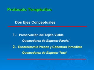 Protocolo Terapéutico Dos Ejes Conceptuales 1.-  Preservación del Tejido Viable Quemaduras de Espesor Parcial 2.-  Escarectomía Precoz y Cobertura Inmediata Quemaduras de Espesor Total 
