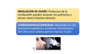INHALACION DE HUMO: Productos de la
combustión pueden alcanzar los pulmones y
actuar como irritantes directos.
CARBOXIHEMOGLOBINEMIA: Monóxido se une
desoxyhemoglobina y proteínas intracelulares
del citocromo oxidasa genera hipoxia tisular.
 