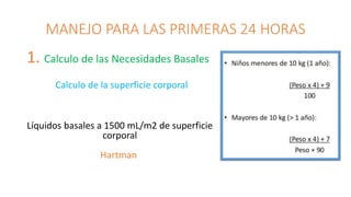 MANEJO PARA LAS PRIMERAS 24 HORAS
1. Calculo de las Necesidades Basales
Calculo de la superficie corporal
Líquidos basales a 1500 mL/m2 de superficie
corporal
Hartman
 