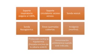 Soporte
respiratorio:
oxígeno al 100%.
Soporte
circulatorio: acceso
venoso.
Sonda vesical.
Sonda
Nasogástrica.
Áreas quemadas
cubiertas.
Analgesia
(morfina).
Protección contra la
hipotermia
(frazadas encima de
la sábana estéril).
Inmunización
antitetánica cuando
esté indicada.
 