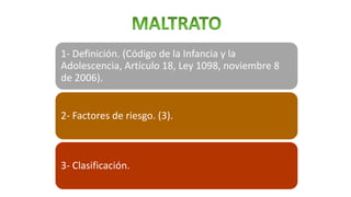 1- Definición. (Código de la Infancia y la
Adolescencia, Artículo 18, Ley 1098, noviembre 8
de 2006).
2- Factores de riesgo. (3).
3- Clasificación.
 