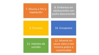7. Disuria o IVU a
repeteción
8. Embarazo en
adolescentes con
padre desconocido
9. Enuresis 10. Encopresis
11. Intentos de
suicidio
12. Muerte sin
causa clara o con
historia pobre o
cuestionable
 
