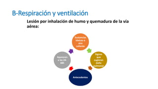 B-Respiración y ventilación
Lesión por inhalación de humo y quemadura de la vía
aérea:
Sustancias
tóxicas o
aire
caliente
Signos
que
sugieran
daño
pulmonar
Antecedentes
Aparecen
a las 24-
48h
 
