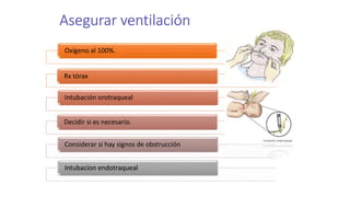 Oxígeno al 100%.
Rx tórax
Intubación orotraqueal
Decidir si es necesario.
Considerar si hay signos de obstrucción
Intubacion endotraqueal
 