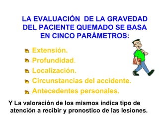 LA EVALUACIÓN DE LA GRAVEDAD 
DEL PACIENTE QUEMADO SE BASA 
EN CINCO PARÁMETROS: 
Extensión. 
Profundidad. 
Localización. 
Circunstancias del accidente. 
Antecedentes personales. 
Y La valoración de los mismos indica tipo de 
atención a recibir y pronostico de las lesiones. 
 