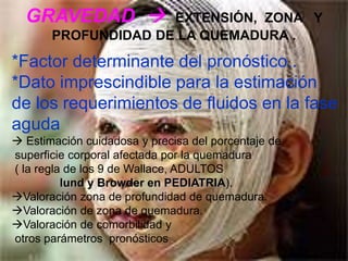 GRAVEDAD  EXTENSIÓN, ZONA Y 
PROFUNDIDAD DE LA QUEMADURA . 
*Factor determinante del pronóstico.. 
*Dato imprescindible para la estimación 
de los requerimientos de fluidos en la fase 
aguda 
 Estimación cuidadosa y precisa del porcentaje de 
superficie corporal afectada por la quemadura 
( la regla de los 9 de Wallace, ADULTOS 
lund y Browder en PEDIATRIA). 
Valoración zona de profundidad de quemadura. 
Valoración de zona de quemadura. 
Valoración de comorbilidad y 
otros parámetros pronósticos 
 