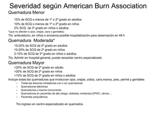 Severidad según American Burn Association 
Quemadura Menor 
15% de SCQ o menos de 1º o 2º grado en adultos 
10% de SCQ o menos de 1º o 2º grado en niños 
2% SCQ de 3º grado en niños o adultos 
*(que no afecten a ojos, orejas, cara o genitales) 
Tto: ambulatorio, en niños o ancianos posible hospitalización para observación en 48 h 
Quemadura Moderada* 
15-25% de SCQ de 2º grado en adultos 
10-20% de SCQ de 2º grado en niños 
2-10% de SCQ de 3º grado en niños o adultos 
Tto: Admitir en hospital general, puede necesitar centro especializado 
Quemadura Mayor 
>25% de SCQ de 2º grado en adulto 
>20% de SCQ de 2º grado en niños 
>10% de SCQ de 3º grado en niños o adultos 
Incluye todas las quemaduras que involucran ojos, orejas, oídos, cara,manos, pies, periné y genitales 
– Todas las lesiones inhalatorias con o sin quemaduras 
– Quemaduras eléctricas 
– Quemaduras y trauma concurrente 
– Quemaduras en pacientes de alto riesgo; diabetes, embarazo,EPOC, cáncer,… 
– Pacientes psiquiátricos 
Tto:ingreso en centro especializado en quemados 
 