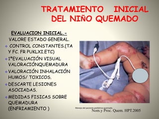 TRATAMIENTO INICIAL 
DEL NIÑO QUEMADO 
Manejo del paciente pediátrico quemado. 
EVALUACION INICIAL.- 
VALORE ESTADO GENERAL. 
 CONTROL CONSTANTES.(TA 
Y FC. FR PUKLXI.ETC) 
1ªEVALUACIÓN VISUAL 
VALORACIÓNQUEMADURA 
VALORACIÓN INHALACIÓN 
HUMOS/ TOXICOS. 
DESCARTE LESIONES 
ASOCIADAS. 
MEDIDAS FISICAS SOBRE 
QUEMADURA 
(ENFRIAMIENTO ) Nom.y Proc. Quem. HPT.2005 
 