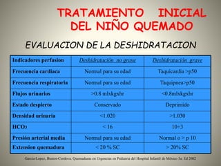 TRATAMIENTO INICIAL 
DEL NIÑO QUEMADO 
EVALUACION DE LA DESHIDRATACION 
Indicadores perfusion Deshidratación no grave Deshidratación grave 
Frecuencia cardiaca Normal para su edad Taquicardia >p50 
Frecuencia respiratoria Normal para su edad Taquipnea>p50 
Flujos urinarios >0.8 mlxkgxhr <0.8mlxkgxhr 
Estado despierto Conservado Deprimido 
Densidad urinaria <1.020 >1.030 
HCO3 < 16 10+3 
Presión arterial media Normal para su edad Normal o > p 10 
Extension quemadura < 20 % SC > 20% SC 
Garcia-Lopez, Bustos-Cordova. Quemaduras en Urgencias en Pediatria del Hospital Infantil de México 5a. Ed 2002 
 