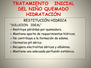 TRATAMIENTO INICIAL 
DEL NIÑO QUEMADO 
HIDRATACIÓN 
RESTITUCIÓN HIDRICA 
“SOLUCION IDEAL” 
 Restituye pérdidas por quemadura. 
 Mantiene aporte de requerimientos hídricos. 
 No contribuye a la formación de edema. 
 Normaliza pH sérico. 
 Recupera electrolitos séricos y albúmina. 
 Mantiene una adecuada perfusión sistémica. 
 