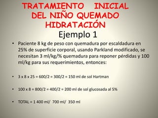 TRATAMIENTO INICIAL 
DEL NIÑO QUEMADO 
HIDRATACIÓN 
Ejemplo 1 
• Paciente 8 kg de peso con quemadura por escaldadura en 
25% de superficie corporal, usando Parkland modificado, se 
necesitan 3 ml/kg/% quemadura para reponer pérdidas y 100 
ml/kg para sus requerimientos, entonces: 
• 3 x 8 x 25 = 600/2 = 300/2 = 150 ml de sol Hartman 
• 100 x 8 = 800/2 = 400/2 = 200 ml de sol glucosada al 5% 
• TOTAL = 1 400 ml/ 700 ml/ 350 ml 
 