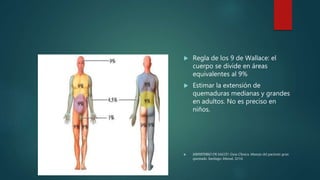  Regla de los 9 de Wallace: el
cuerpo se divide en áreas
equivalentes al 9%
 Estimar la extensión de
quemaduras medianas y grandes
en adultos. No es preciso en
niños.
 MINISTERIO DE SALUD. Guía Clínica. Manejo del paciente gran
quemado. Santiago: Minsal, 2016
 