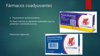 Fármacos coadyuvantes
 Paracetamol (acetaminofeno):
En dosis máxima en pacientes quemados que no
presenten contraindicaciones
Metamizol (dipirona):
 